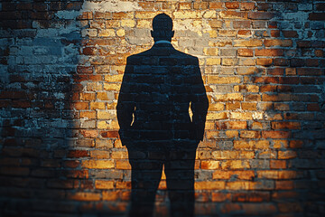 Wall Mural - an image of a person's shadow cast against a brick wall, with the shadow forming a series of thought