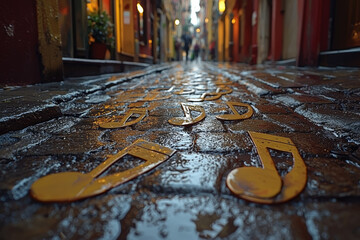 Poster - A street where the pavement turns into a path of floating musical notes, representing the harmony between daily life and art.