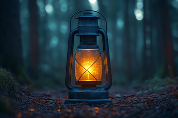 Sticker - A solitary lantern glowing softly in a dark forest, with the surrounding shadows reflecting a sense of introspection and discovery.