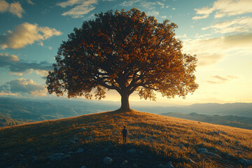 Wall Mural - a solitary figure standing under a single, ancient tree in a vast, open field, with the tree's shado