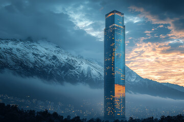 Wall Mural - a skyscraper fading into the silhouette of a mountain, illustrating the harmony between urban develo