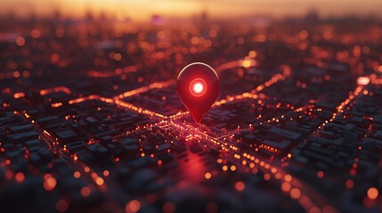 Canvas Print - A glowing red pin marker sits on a glowing grid with red bokeh lights, representing a location on a digital map.