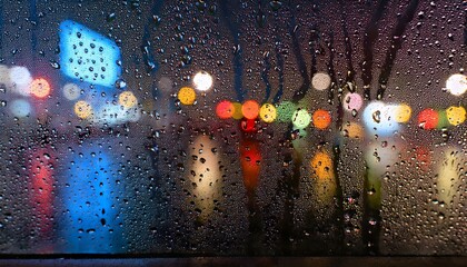 Wall Mural - Water drops on a glass with blurred city lights in the background