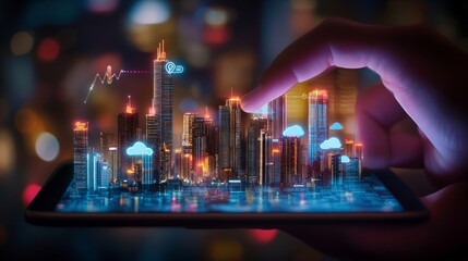 Smart city concept with real skyscrapers layout with glowing digital cloud technology icons on digital tablet screen that carrying businessman hand on blurry megapolis city background