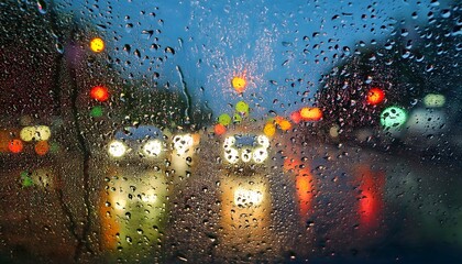 Wall Mural - Water drops on a glass with blurred city lights in the background