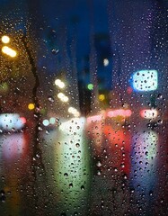 Wall Mural - Water drops on a glass with blurred city lights in the background