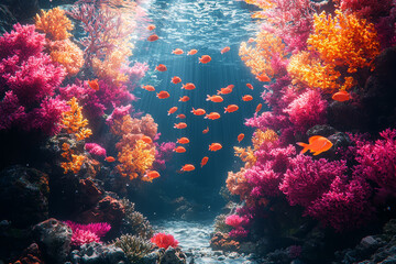 Wall Mural - A dreamy underwater garden with glowing coral and schools of fish creating intricate patterns, representing the hidden beauty of marine life.