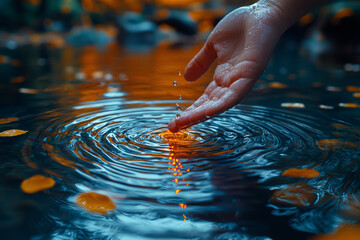 Wall Mural - a close-up of a person's hand touching a water's surface, with ripples distorting their reflection, 