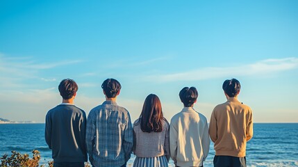 Canvas Print - A group of four friends stand together looking out at the ocean.