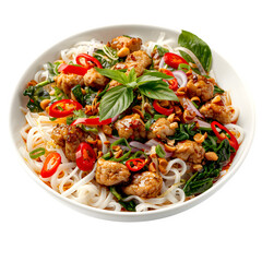 Wall Mural - Colorful bowl of asian noodles with juicy chicken, crisp veggies, and zesty toppings, making a tasty and eye-catching meal