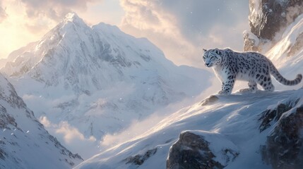 Canvas Print - A Snow Leopard Perched on a Mountain Ridge During a Snowstorm