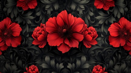 Poster - Red Poppies on Dark Floral Background