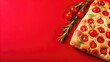 © Katty - Italian focaccia bread topped with cherry tomatoes and rosemary on a vibrant red background.