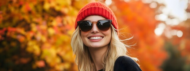 Wall Mural - A blonde woman wearing sunglasses and a red beanie is smiling in front of autumn trees