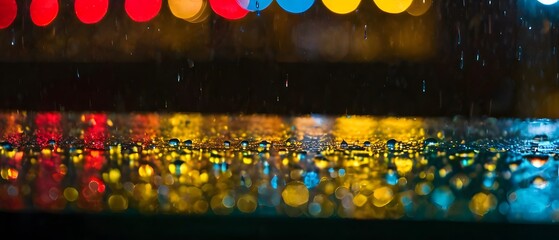 Wall Mural - Water drops on a glass with blurred city lights in the background