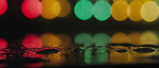 Wall Mural - Water drops on a glass with blurred city lights in the background