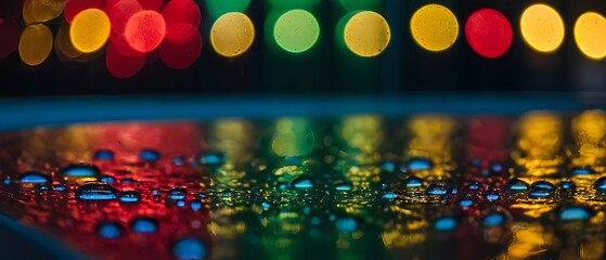 Wall Mural - Water drops on a glass with blurred city lights in the background