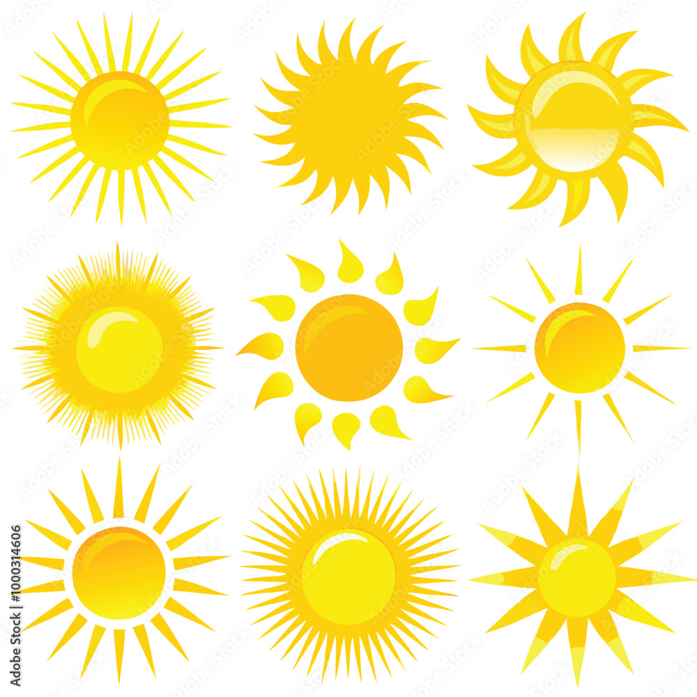 Yellow Vector Sun Icons with Glossy Rays and Sparkles Transparent Background for Summer Designs