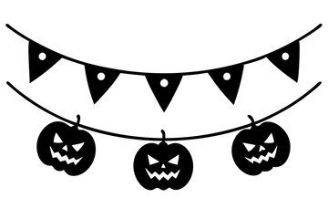 Wall Mural - Cute Halloween Garland Bunting Set with Jack O Lantern, Pumpkins and Bats. Simple banner hanging party classy decor vector element.