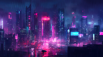 Wall Mural - Cyberpunk city metropolis neon skyline futuristic scifi dystopian skyscrapers vibrant technology flying cars hover bikes rain concept art urban. Neon Skyline. Illustration