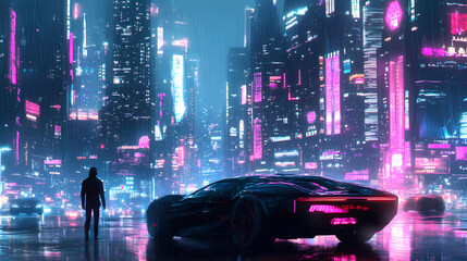 Cyberpunk city metropolis neon skyline futuristic scifi dystopian skyscrapers vibrant technology flying cars hover bikes rain concept art urban. Neon Skyline. Illustration