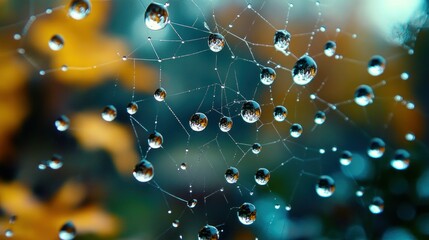 Sticker - Dewdrops Adorned on a Spider Web, Reflecting the Colors of Nature