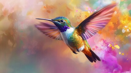 Canvas Print - A Vibrant Hummingbird in Flight Against a Colorful Abstract Background