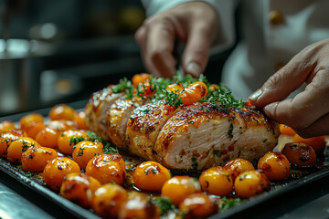 Poster - A chef plating a beautifully arranged dish in a fine dining restaurant, representing gourmet cuisine and elegance.