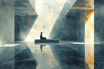 Poster - A calm, minimalist room with a person seated at a desk, their reflection visible in the desk's polished surface, symbolizing clarity and focus.