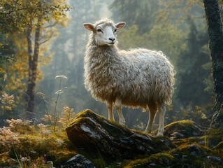 Wall Mural - White Sheep in a Forest Clearing - Peaceful Nature Photography