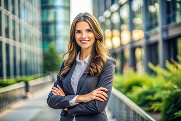 Young happy pretty smiling professional business woman, happy confident positive female entrepreneur standing outdoor on street arms crossed, looking at camera