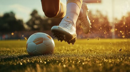 Feet Kicking a Soccer Ball on a Grassy Field at Sunset