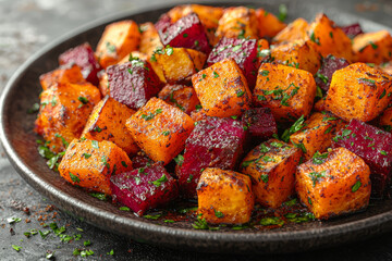 Sticker - A plate of roasted sweet potatoes, beets, and carrots, seasoned with herbs. Concept of healthy, flavorful side dishes.