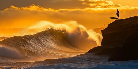 Wall Mural - A stunning sunset over a powerful ocean wave with a lone surfer standing on the cliff. The warm colors create a dramatic atmosphere. Perfect for adventure and nature lovers. AI