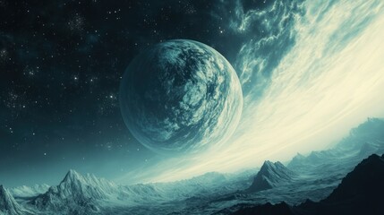 Sticker - A Distant Planet with a Snowy Mountain Range Under a Starry Sky