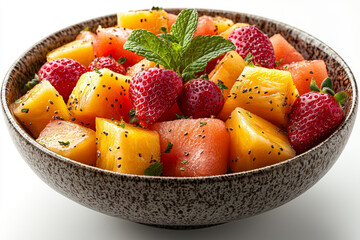 Wall Mural - A colorful bowl of mixed fruit, including pineapple, melon, and strawberries, served with a mint leaf garnish. Concept of refreshing and healthy snacks.