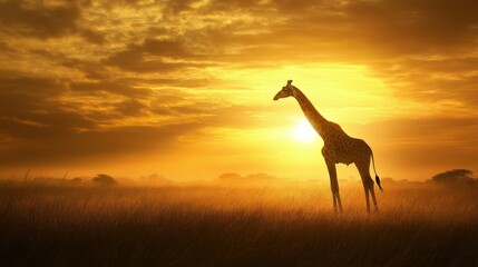 Poster - A Single Giraffe Silhouetted Against a Golden Sunset in the Savanna