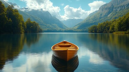 Wall Mural - A small wooden boat sits on a calm lake surrounded by lush green mountains and a blue sky with clouds reflecting in the water.