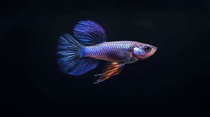 A vibrant blue and purple betta fish with orange fins swims against a black background.