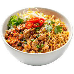 Wall Mural - Colorful bowl of asian noodles with juicy chicken, crisp veggies, spicy peppers, and fragrant herbs, presenting a tasty and appealing dish