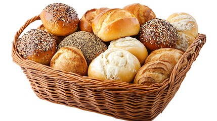 Wall Mural - A wicker basket filled with various types of freshly baked bread rolls.