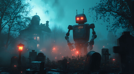 Ghostly robot rising from a haunted graveyard, eerie lights, 3d illustration. Android Revolt. Illustration