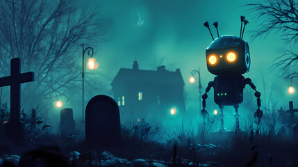 Ghostly robot rising from a haunted graveyard, eerie lights, 3d illustration. Android Revolt. Illustration