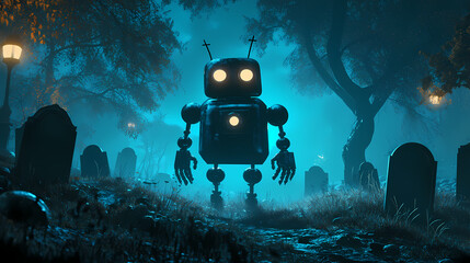 Ghostly robot rising from a haunted graveyard, eerie lights, 3d illustration. Android Revolt. Illustration