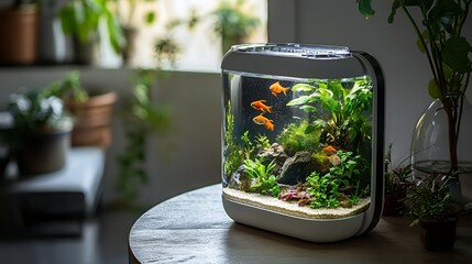 A modern fish tank with goldfish swimming amongst plants on a wooden table.