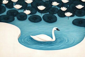 Poster - Swan Swimming in a Pond of Lotus Flowers