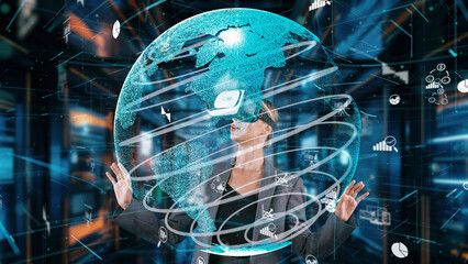 Woman looking around analyzed world finance data through VR glasses uploading turn around global interface digital infographic network technology virtual 3D reality animation at server. Contraption.