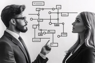 Collaborative Strategic Planning in Business - Businessman and Businesswoman Analyzing Flowchart Together on White Background