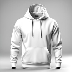 A plain white hoodie displayed on a neutral background, showcasing its design and features.