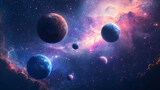 Image of planets in outer space against the background of stars and nebulae. Deep Space Travel. Illustration
